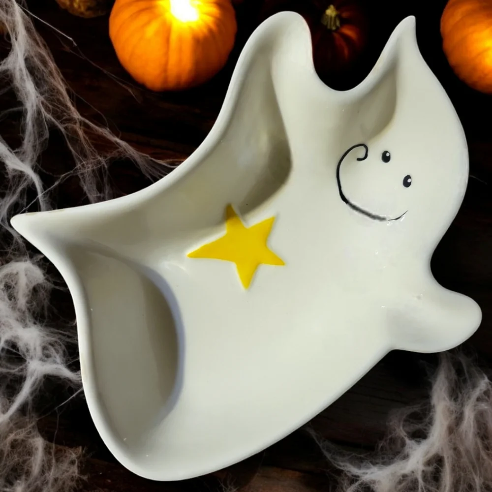 1 Dish Bowl Ghost Halloween Trinket Dessert Snack Yellow Star Ceramic Smile